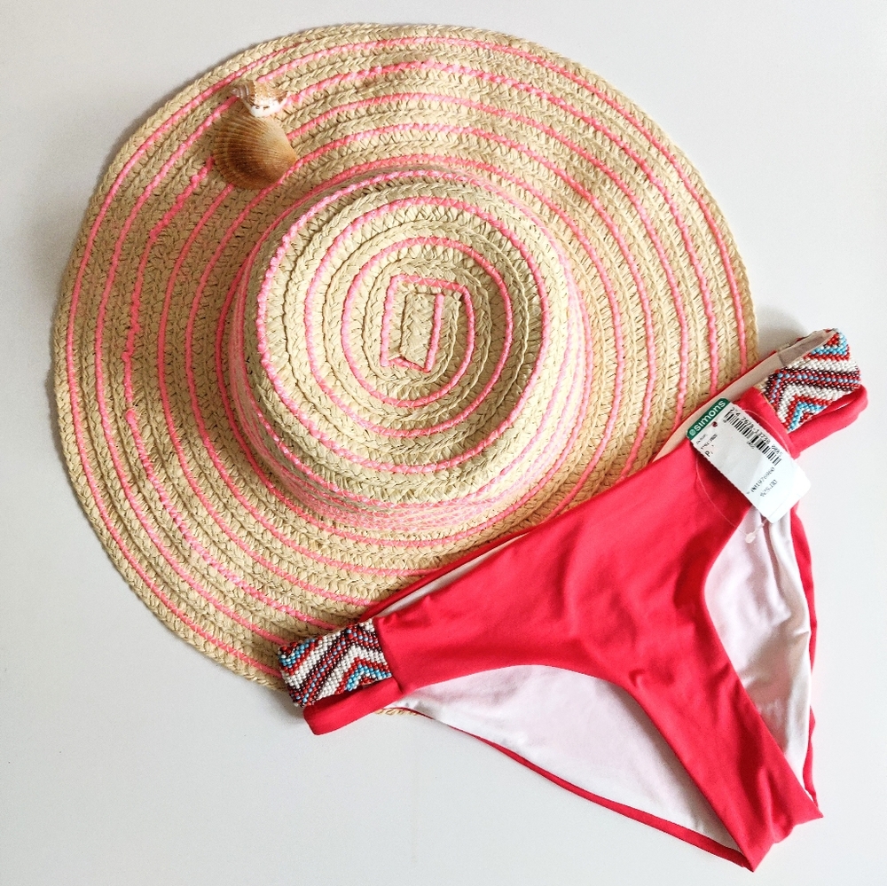 Cherry Beaded Bikini and Pink Wide brim Straw Sunhat